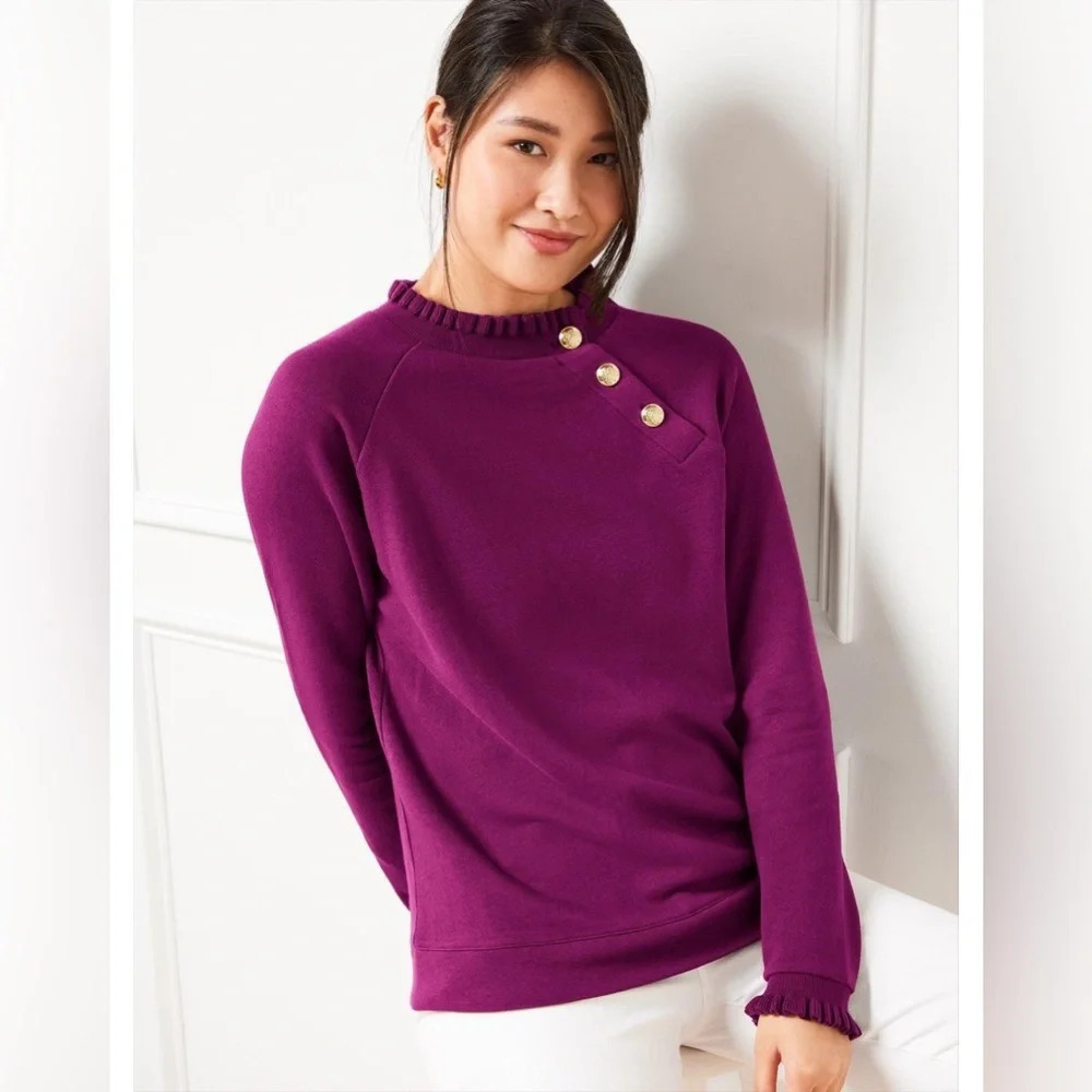 Talbots Plus Size Women's Purple Ruffle Trim Raglan Sweatshirt 2X